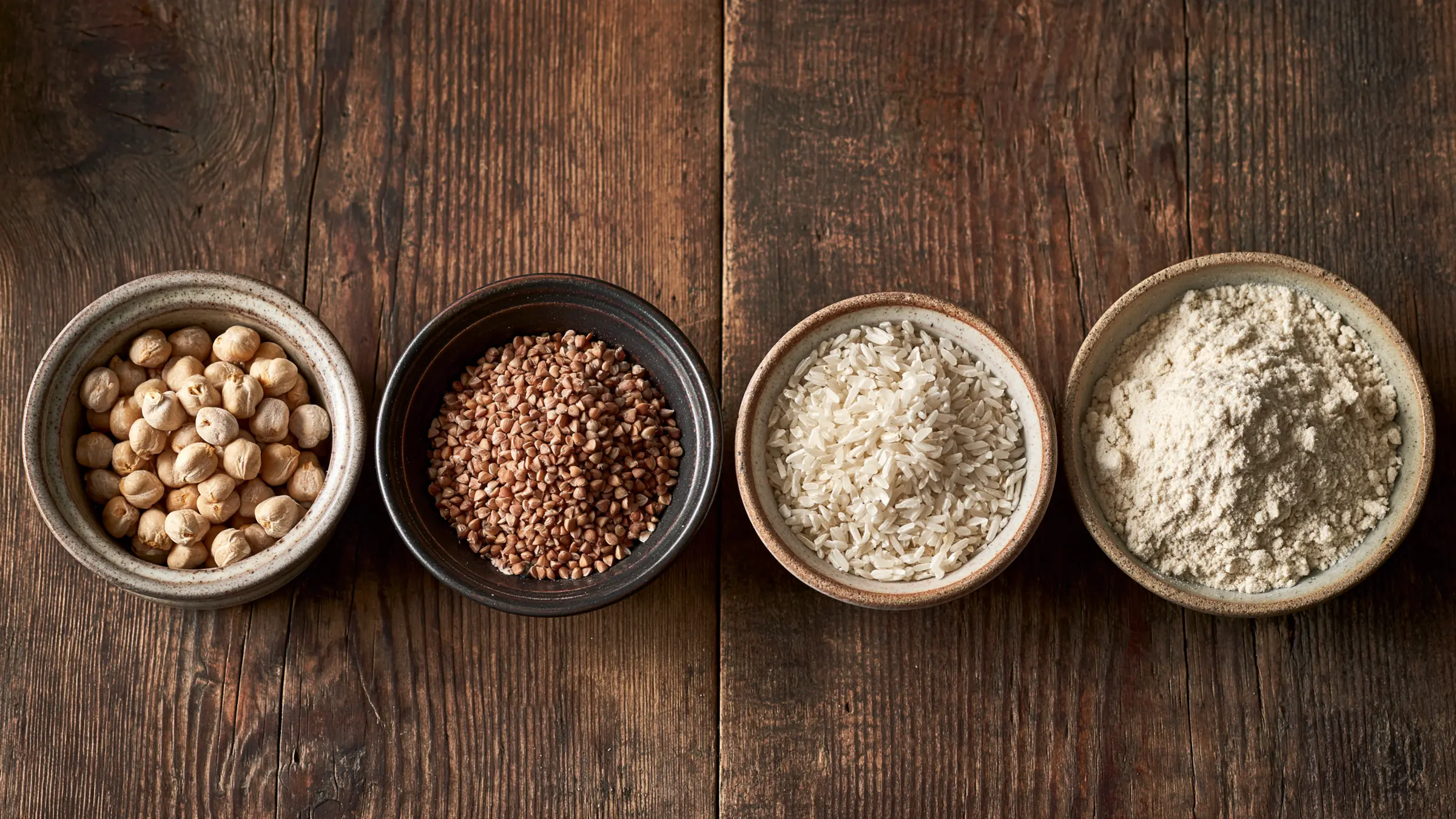 Emmermehl im Vergleich zu glutenfreien Alternativen wie Kichererbsen, Buchweizen und Reis