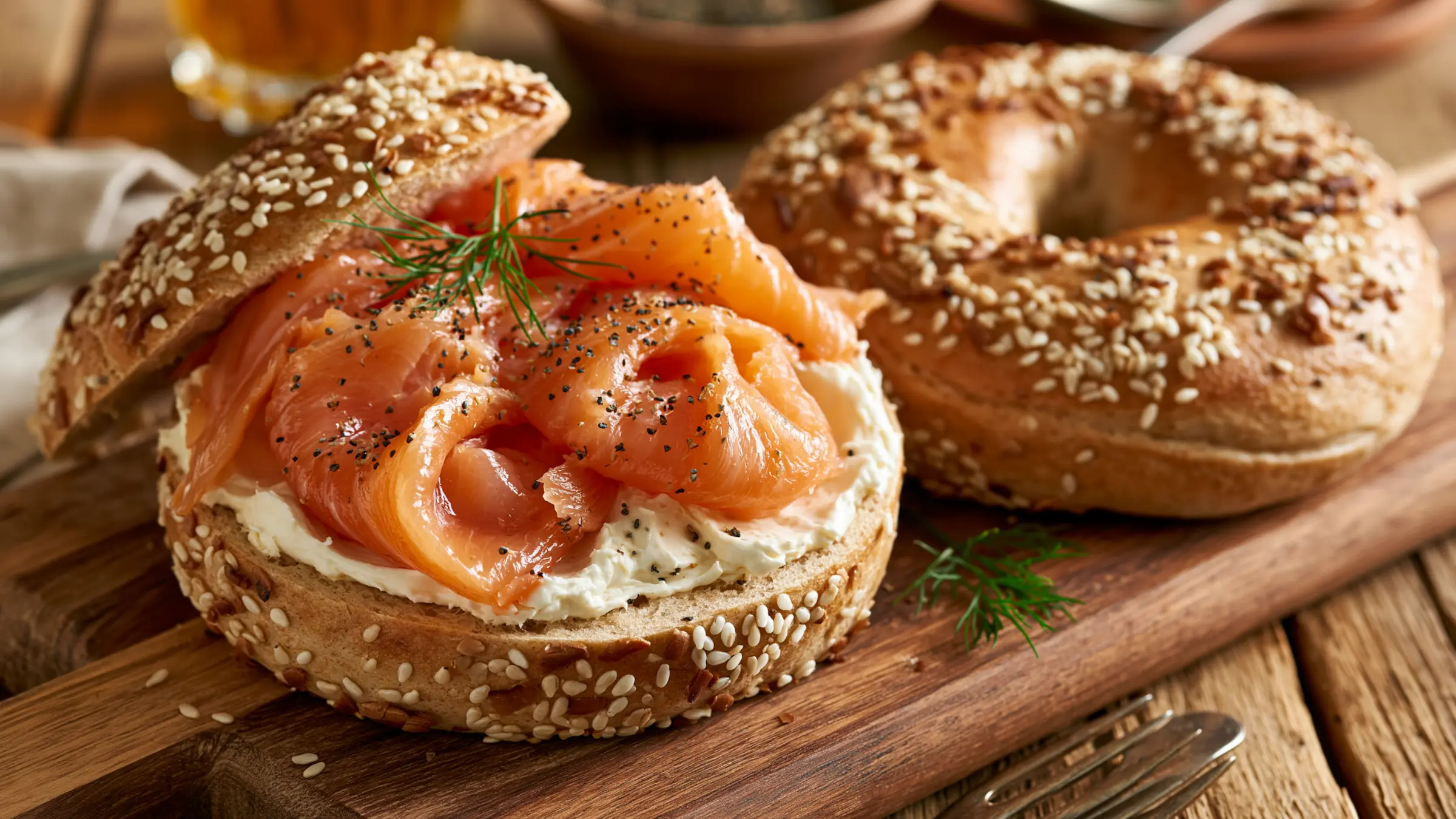 Aufgeschnittener Emmermehl-Bagel mit Frischkäse und Lachs, daneben ein weiterer Bagel