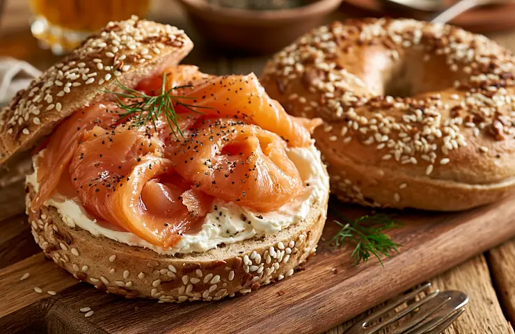 Aufgeschnittener Bagel mit Frischkäse und Lachs, daneben ein weiterer Bagel