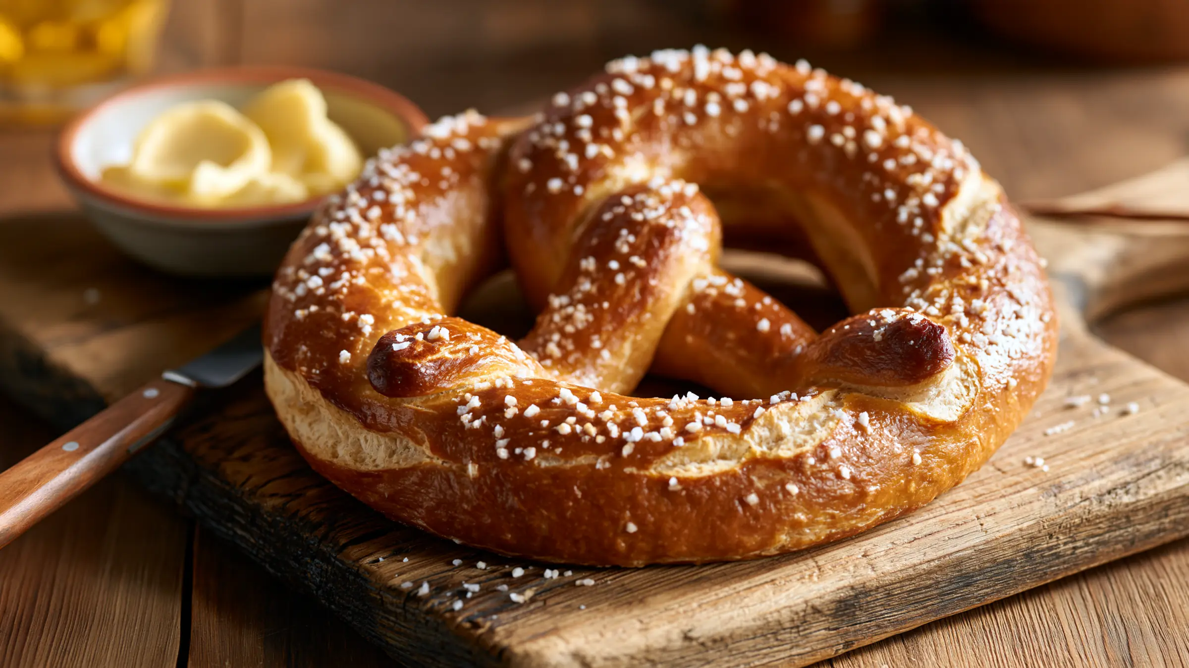 Frisch gebackene Emmermehl-Brezel mit Salz auf einem Holzbrett, daneben Butter und Buttermesser