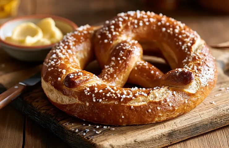 Frisch gebackene Brezel mit Salz auf einem Holzbrett, daneben Butter und Buttermesser