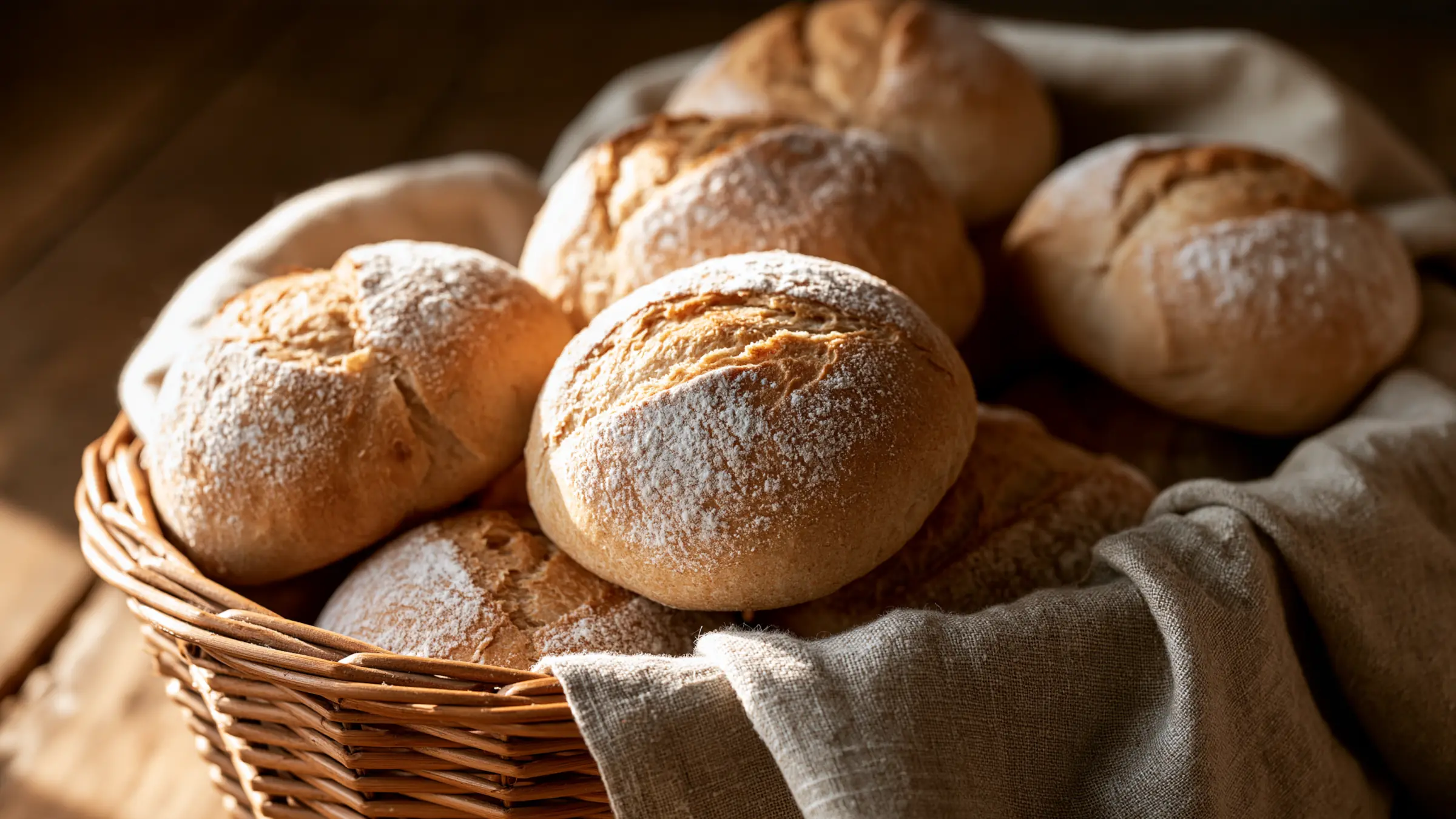 Frisch gebackene Emmermehl-Brötchen in einem Brotkorb