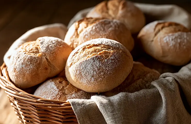 Frisch gebackene Brötchen in einem Brotkorb