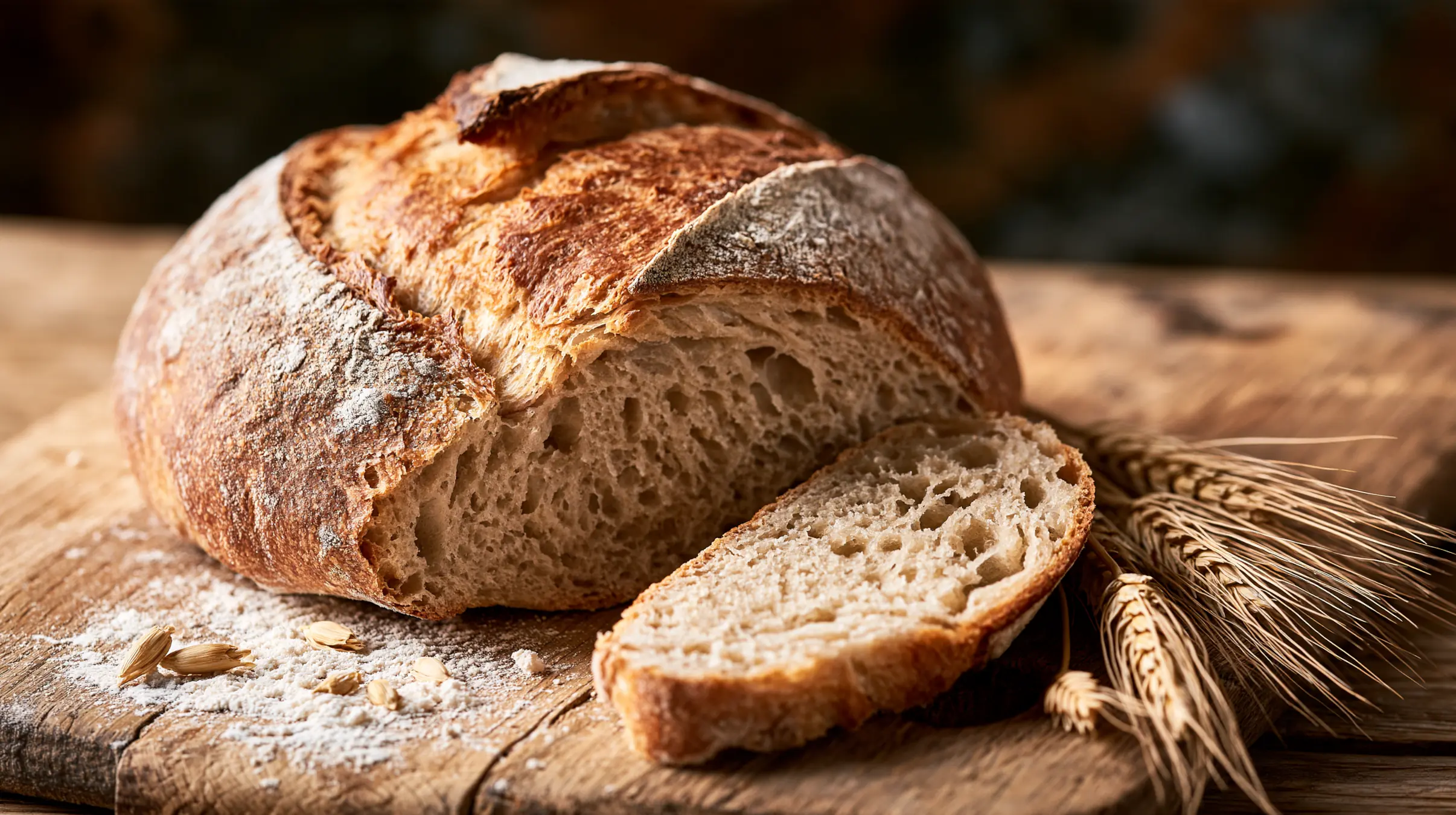 Frisch gebackenes, aufgeschnittenes Emmerbrot auf einem Holzbrett