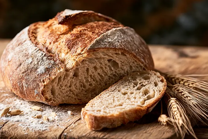 Frisch gebackenes, aufgeschnittenes Emmerbrot auf einem Holzbrett