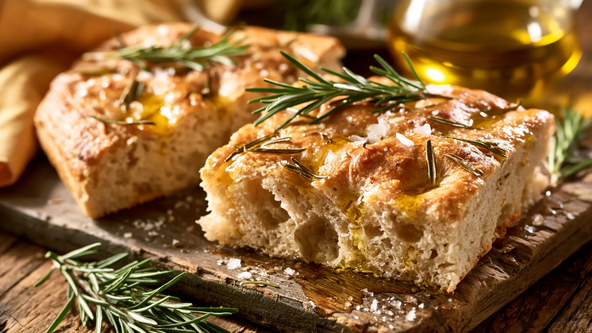 Emmermehl-Focaccia mit Rosmarin, Meersalz und Olivenöl, angeschnitten auf Holzbrett