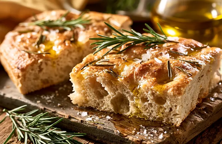 Focaccia mit Rosmarin, Meersalz und Olivenöl, angeschnitten auf Holzbrett