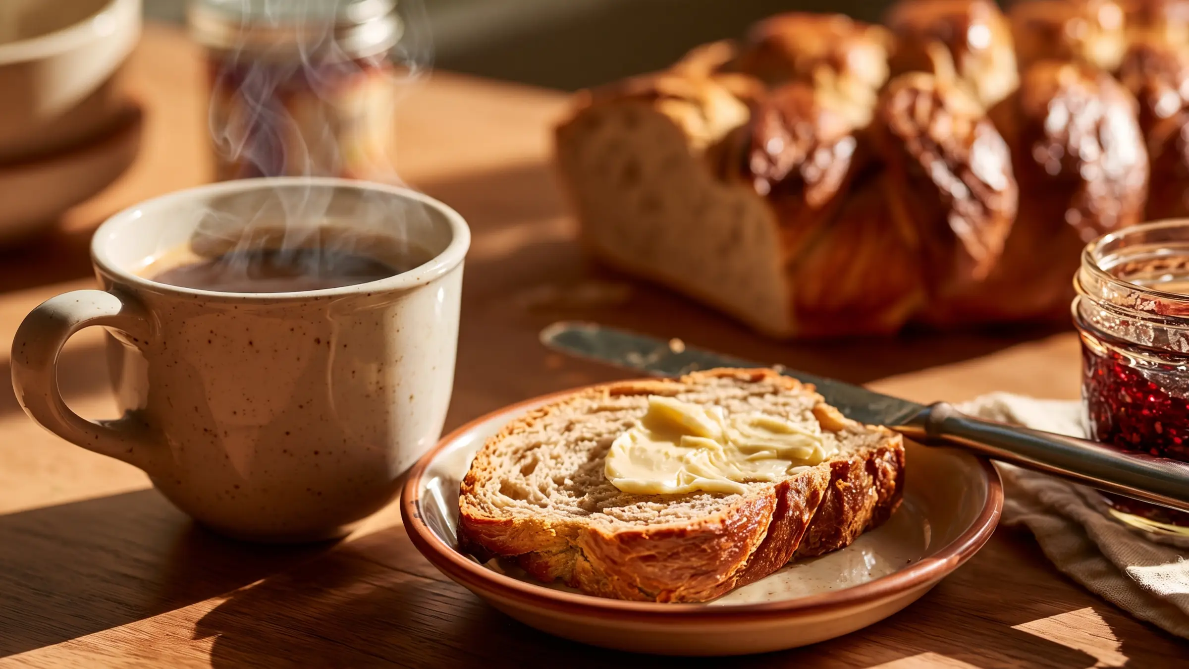 Gedeckter Frühstückstisch mit Kaffee, einer Scheibe Emmermehl-Hefezopf mit Butter und dem ganzen Zopf im Hintergrund