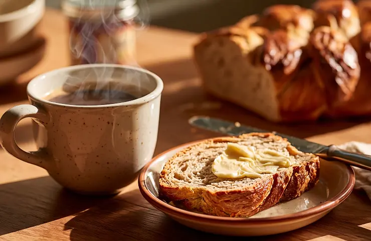 Gedeckter Frühstückstisch mit Kaffee, einer Scheibe Hefezopf mit Butter und dem ganzen Zopf im Hintergrund