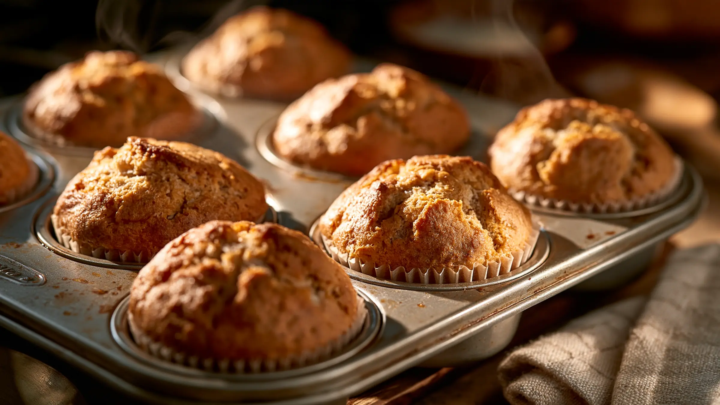 Frisch gebackene Emmermehl-Muffins im Muffinblech