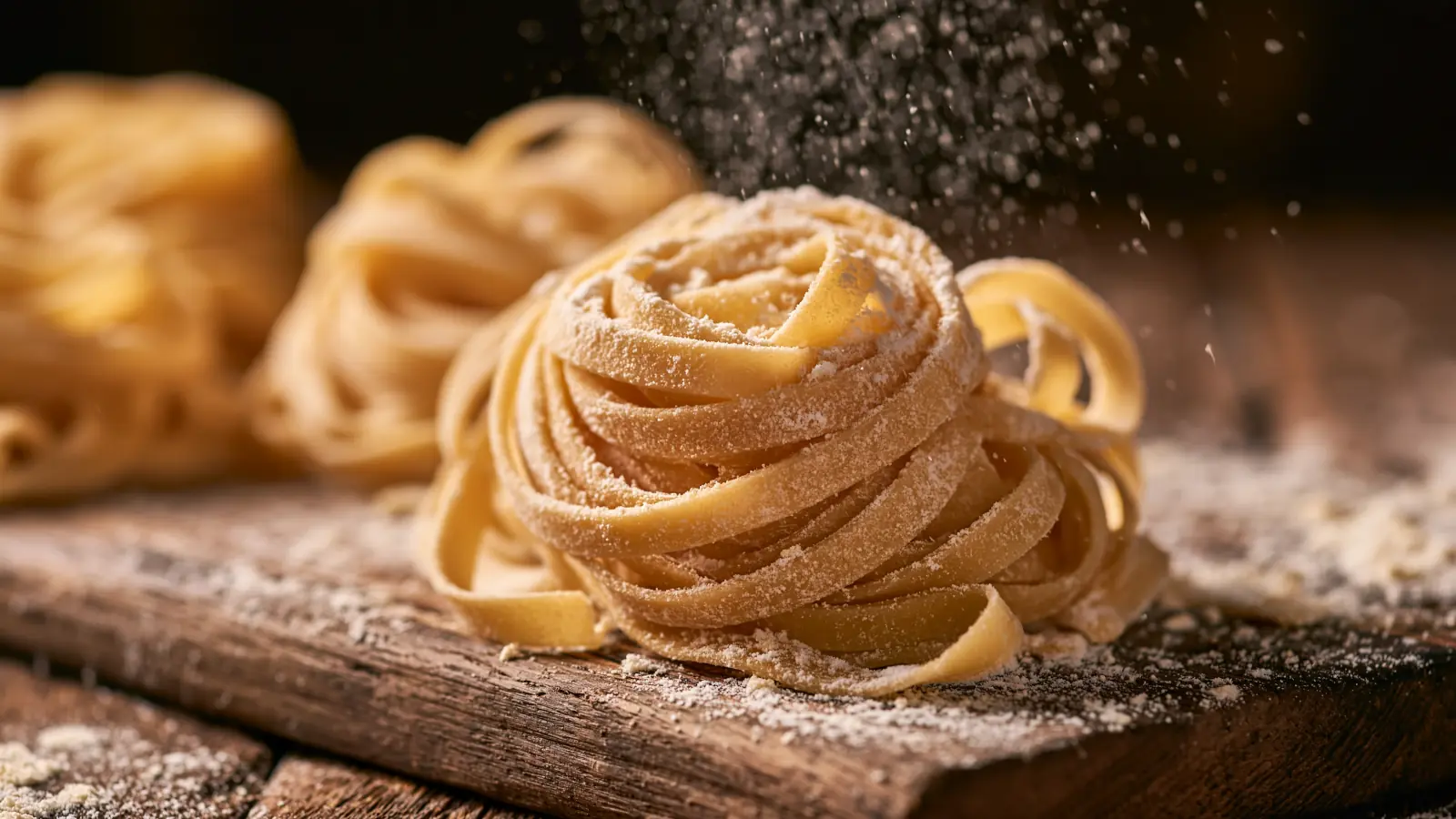 Frisch gemachte Emmermehl-Pasta, mit Mehl bestäubt