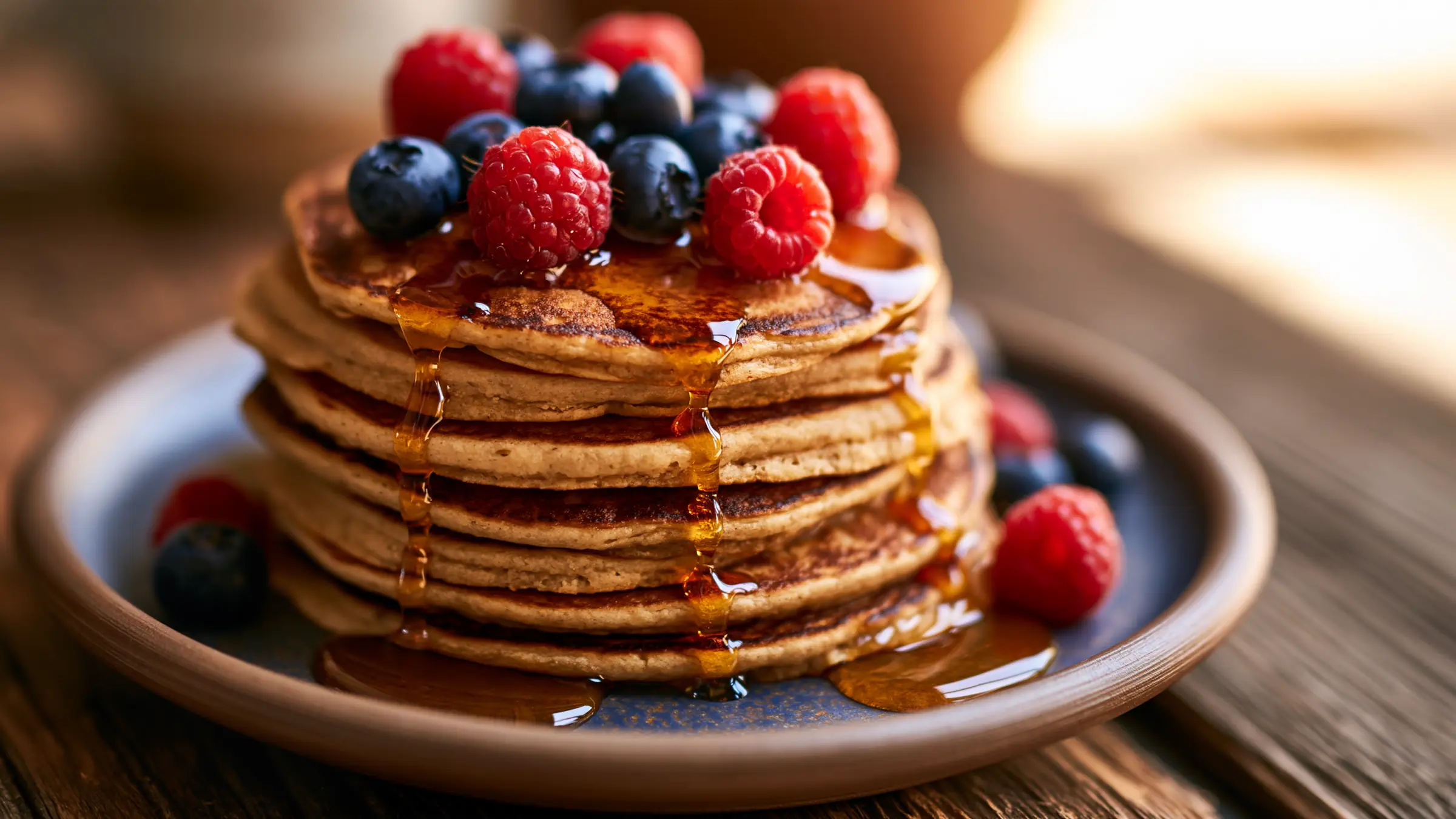 Stapel goldbrauner Emmermehl-Pfannkuchen mit Ahornsirup und Beeren