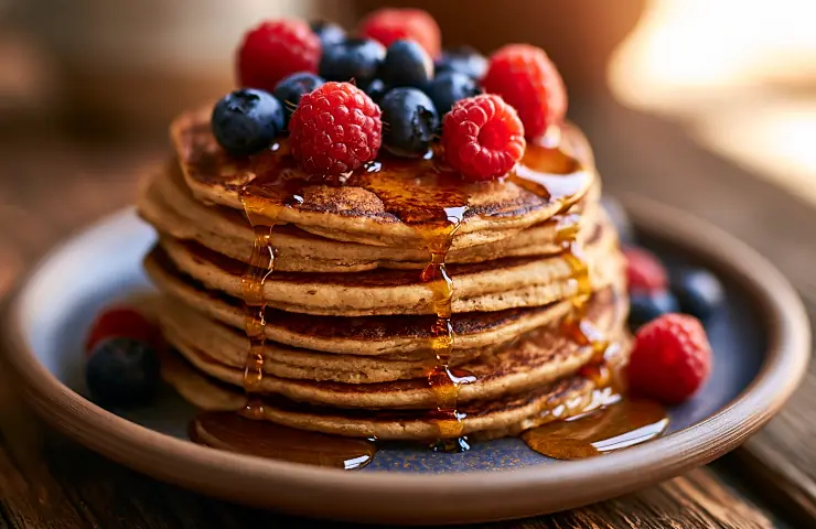 Stapel goldbrauner Pfannkuchen mit Ahornsirup und Beeren