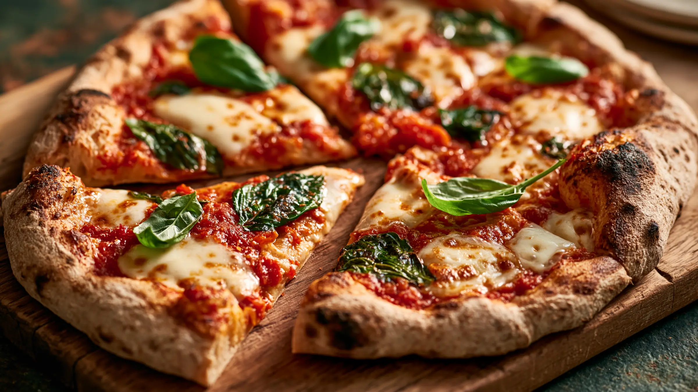 Frisch gebackene Emmermehl-Pizza mit Tomate, Mozzarella und Basilikum