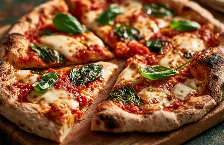 Frisch gebackene Pizza mit Tomate, Mozzarella und Basilikum