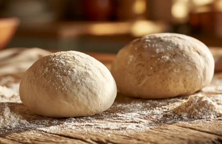 Zwei Teigkugeln im Vergleich: helle Teigkugel aus Weizenmehl und dunklere aus Emmermehl
