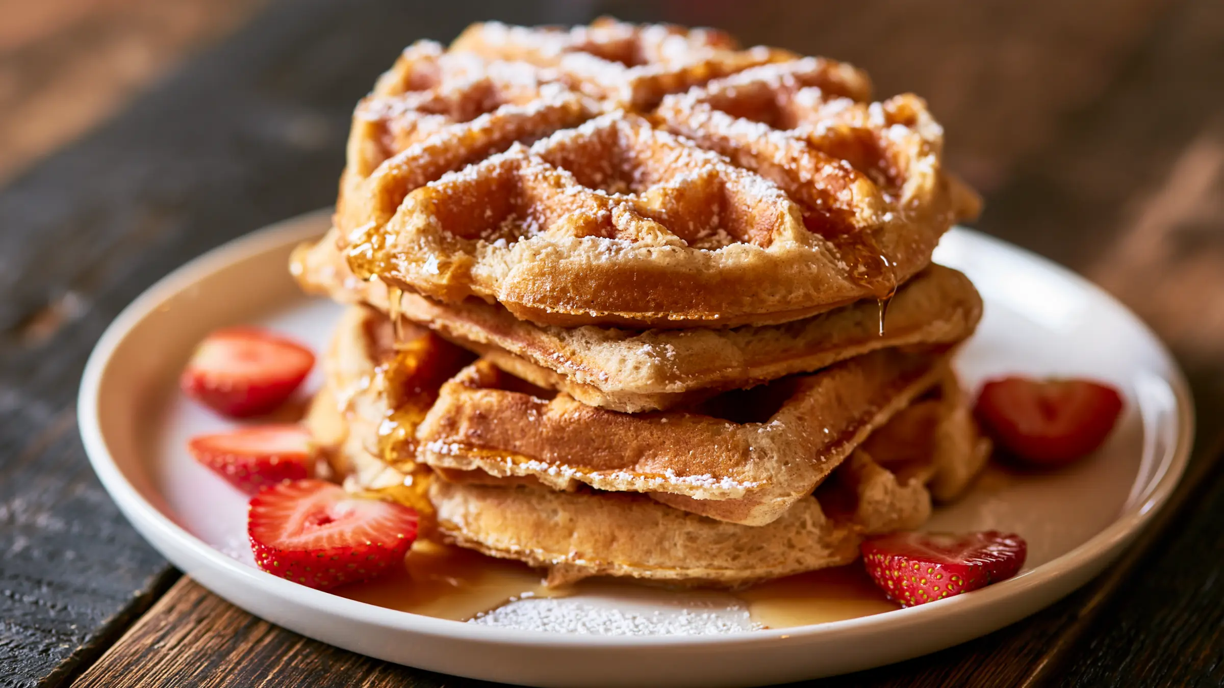 Stapel knuspriger Emmermehl-Waffeln mit Ahornsirup und Erdbeeren auf einem Teller