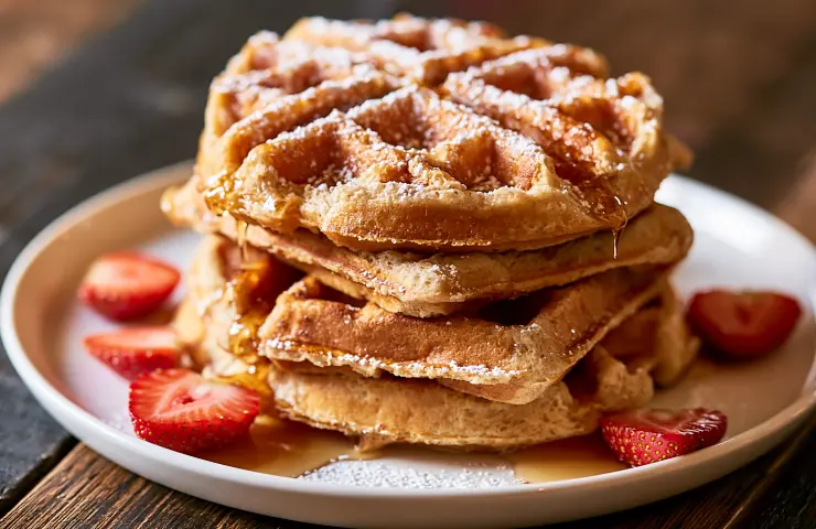 Stapel knuspriger Waffeln mit Ahornsirup und Erdbeeren auf einem Teller